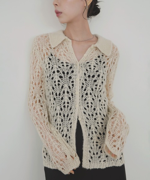 LIAN（リアン）の「クロシェポロニットカーディガン（ニット/セーター・レディース・レッド/アイボリー/ブラウン/チャコールグレー・FREE）」の6枚目の写真