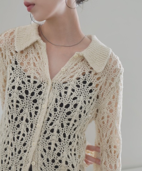 LIAN（リアン）の「クロシェポロニットカーディガン（ニット/セーター・レディース・レッド/アイボリー/ブラウン/チャコールグレー・FREE）」の10枚目の写真