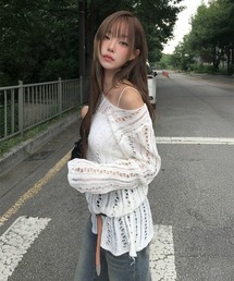 ボートネック透かし編みメッシュロングニット
