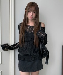 ボートネック透かし編みメッシュロングニット