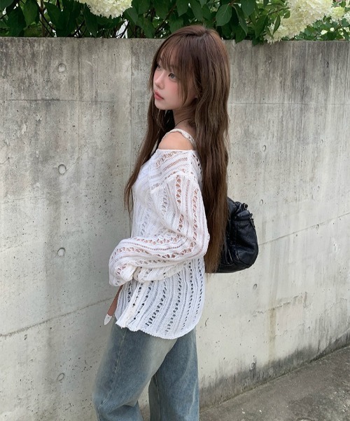 セール】ボートネック透かし編みメッシュロングニット（ニット