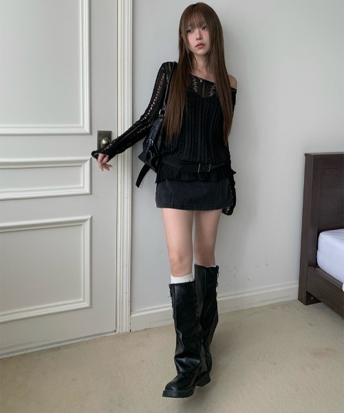 anyonemore(エニワンモア)の「ボートネック透かし編みメッシュロングニット(ニット/セーター・レディース・アイボリー/ブラック・FREE)」の12枚目の写真