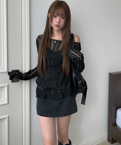 セール】ボートネック透かし編みメッシュロングニット（ニット