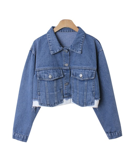 セール】クロップドフェイクレイヤードデニムジャケット（デニム