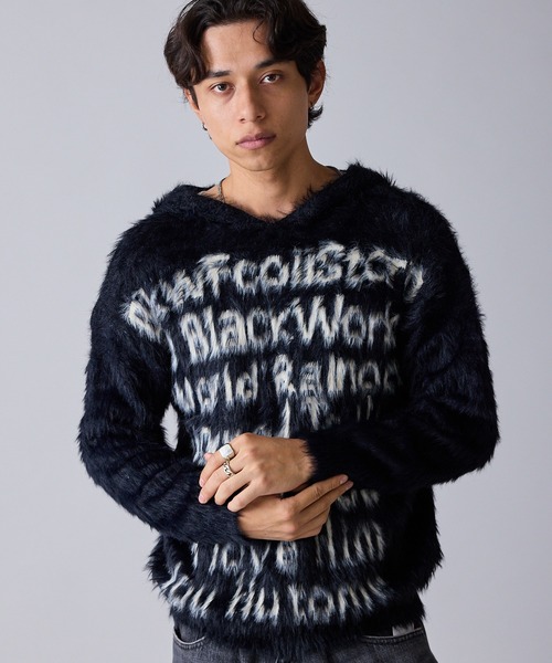 Theater code(シアターコード)の「Message Design Hooded Shaggy Knit / メッセージデザイン フード付きシャギーニット 秋 秋服メンズ 2026年秋冬 冬服(ニット/セーター・メンズ・ホワイト/ブラック・M/L)」の1枚目の写真