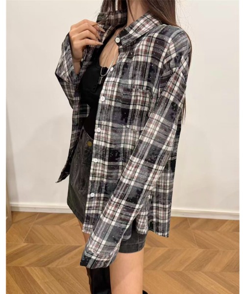 セール】【秋冬新作】ミニラインストーン付きチェック柄ネルシャツ