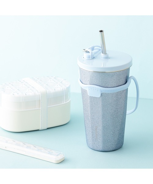 ストロー付きステンレスタンブラー グリッター ブルー（グラス