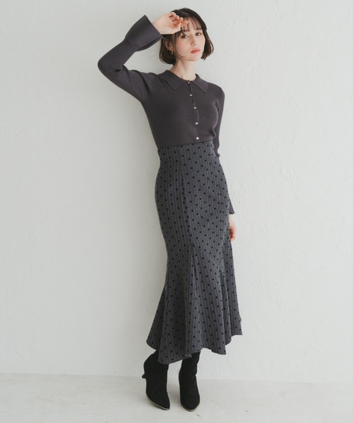 31 Sons de mode（トランテアン　ソン　ドゥ　モード）の「2025秋冬新作 ストライプドットフロッキーマーメイドスカート（スカート・レディース・チャコールグレー/ブラウン・S/M）」の4枚目の写真