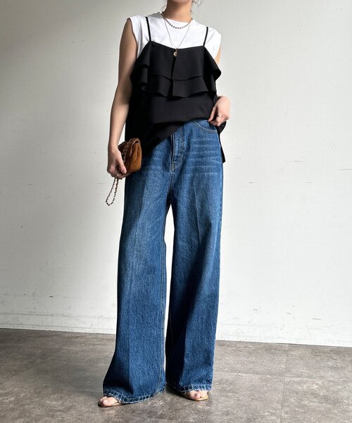 DouDou(ドゥドゥ)の「ハイウエストダブルボタンデニム(デニムパンツ・レディース・ブルー/インディゴブルー・38/36)」の5枚目の写真