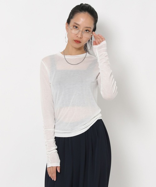 HEREIAM（ヘレイアム）の「【HEREIAM】ギャザースリーブシアープルオーバー（Tシャツ/カットソー・レディース・ブラック/ホワイト・FREE）」の4枚目の写真