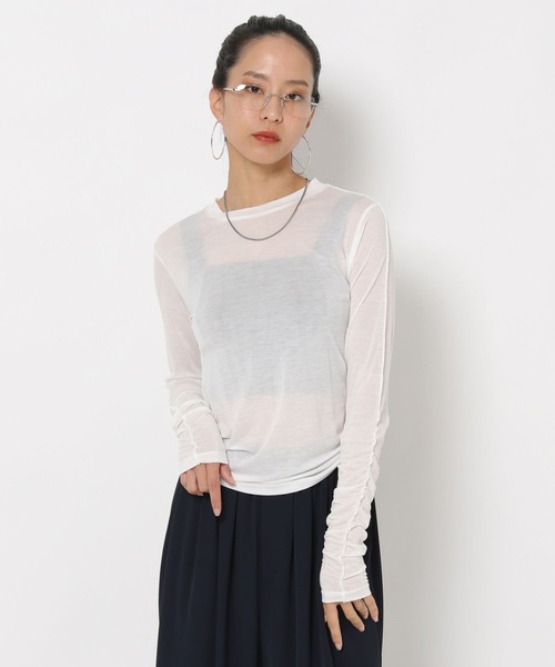 HEREIAM（ヘレイアム）の「【HEREIAM】ギャザースリーブシアープルオーバー（Tシャツ/カットソー・レディース・ブラック/ホワイト・FREE）」の5枚目の写真