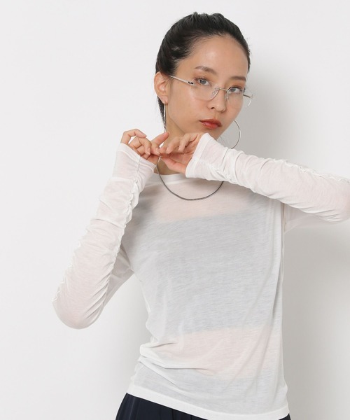 HEREIAM（ヘレイアム）の「【HEREIAM】ギャザースリーブシアープルオーバー（Tシャツ/カットソー・レディース・ブラック/ホワイト・FREE）」の7枚目の写真