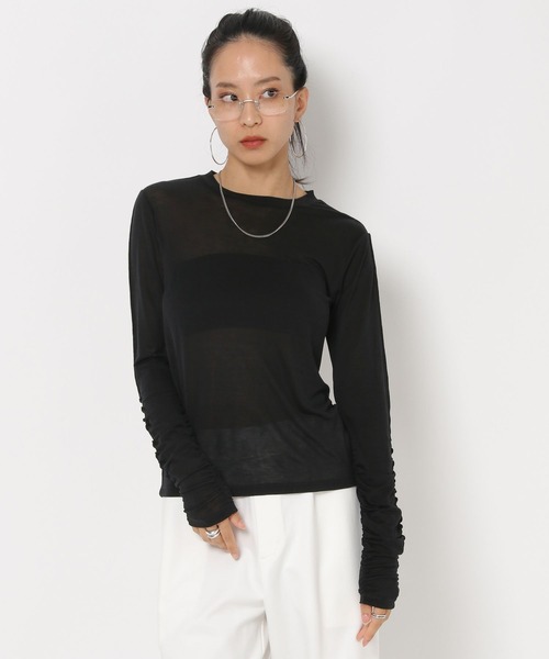 HEREIAM（ヘレイアム）の「【HEREIAM】ギャザースリーブシアープルオーバー（Tシャツ/カットソー・レディース・ブラック/ホワイト・FREE）」の10枚目の写真