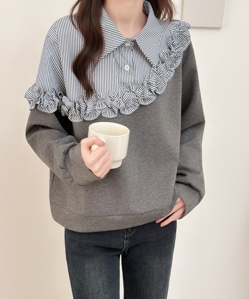 ストライプ柄フリルドッキングスウェットプルオーバー（スウェット