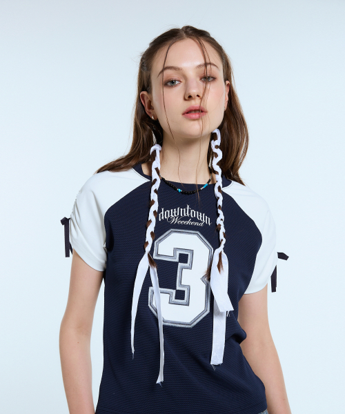LARTIGENT(ラーティゼン)の「L11 CROP FOOTBALL TOP(NAVY)(Tシャツ/カットソー・レディース・その他・FREE)」の1枚目の写真