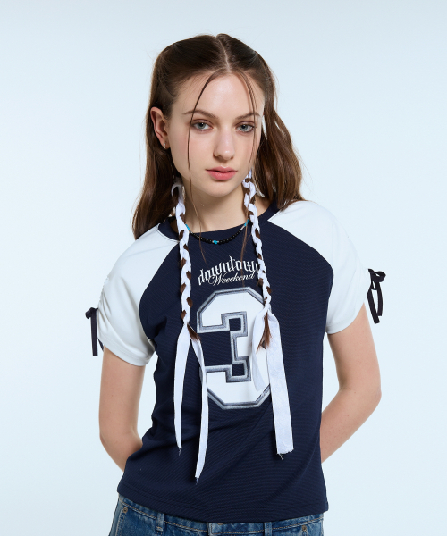 LARTIGENT(ラーティゼン)の「L11 CROP FOOTBALL TOP(NAVY)(Tシャツ/カットソー・レディース・その他・FREE)」の2枚目の写真