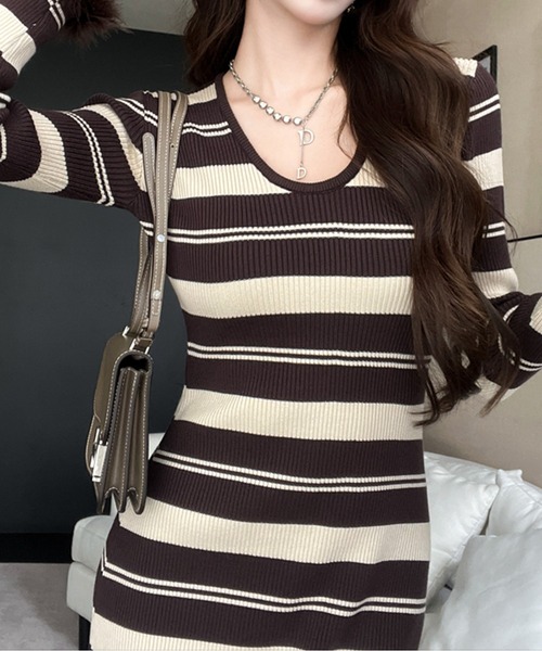 LUCPY（ラクピー）の「ボーダーリブニット ロングワンピース（ワンピース・レディース・ブラウン/ブラック・SMALL/MEDIUM/LARGE）」の4枚目の写真