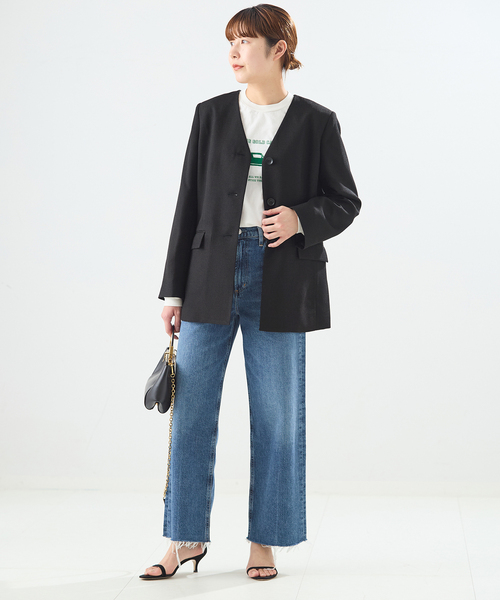 journal standard L'essage（ジャーナルスタンダードレサージュ）の「リノオックス Vネックジャケット（ノーカラージャケット・レディース・ブラック/アイボリー・FREE）」の3枚目の写真