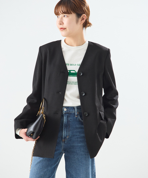 journal standard L'essage（ジャーナルスタンダードレサージュ）の「リノオックス Vネックジャケット（ノーカラージャケット・レディース・ブラック/アイボリー・FREE）」の6枚目の写真