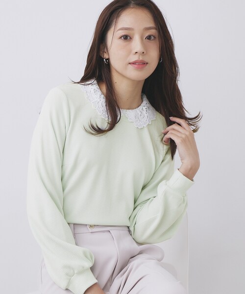 index（インデックス）の「レース衿付きピケジャージトップス【洗濯機OK】（Tシャツ/カットソー・レディース・グリーン系/ネイビー/ホワイト系5・42/40/38/36）」の2枚目の写真