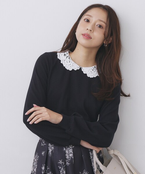 index（インデックス）の「レース衿付きピケジャージトップス【洗濯機OK】（Tシャツ/カットソー・レディース・グリーン系/ネイビー/ホワイト系5・42/40/38/36）」の3枚目の写真