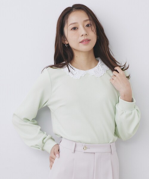 index（インデックス）の「レース衿付きピケジャージトップス【洗濯機OK】（Tシャツ/カットソー・レディース・グリーン系/ネイビー/ホワイト系5・42/40/38/36）」の4枚目の写真