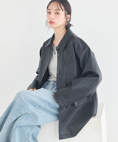 earth music&ecology（アースミュージックアンドエコロジー）の「CPOシャツジャケット（ブルゾン・レディース・ブラック/ホワイト系その他2/ブラウン・FREE）」の5枚目の写真