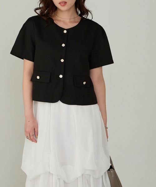 Cherir Mignon(シェリルミニョン)の「【Cherir Mignon】ゴールドボタン半袖ツイードジャケット(ノーカラージャケット・レディース・ブラック/アイボリー・FREE)」の5枚目の写真