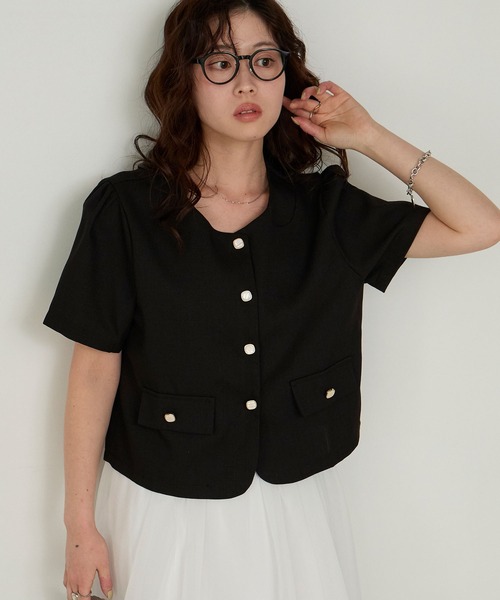 Cherir Mignon(シェリルミニョン)の「【Cherir Mignon】ゴールドボタン半袖ツイードジャケット(ノーカラージャケット・レディース・ブラック/アイボリー・FREE)」の8枚目の写真