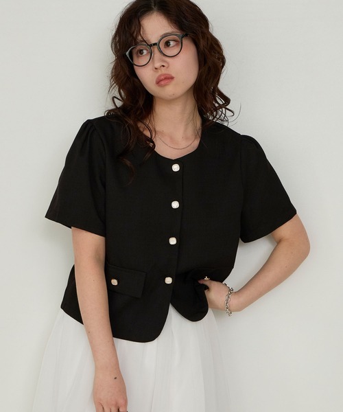 Cherir Mignon(シェリルミニョン)の「【Cherir Mignon】ゴールドボタン半袖ツイードジャケット(ノーカラージャケット・レディース・ブラック/アイボリー・FREE)」の14枚目の写真