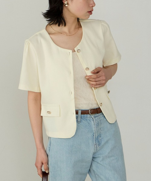 Cherir Mignon(シェリルミニョン)の「【Cherir Mignon】ゴールドボタン半袖ツイードジャケット(ノーカラージャケット・レディース・ブラック/アイボリー・FREE)」の21枚目の写真