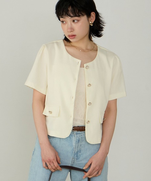 Cherir Mignon(シェリルミニョン)の「【Cherir Mignon】ゴールドボタン半袖ツイードジャケット(ノーカラージャケット・レディース・ブラック/アイボリー・FREE)」の22枚目の写真