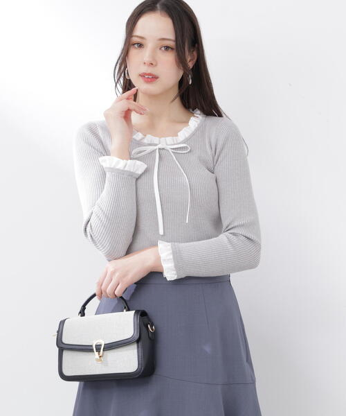 PROPORTION BODY DRESSING(プロポーションボディドレッシング)の「リボン付きフリルニットトップス / 1216170311(ニット/セーター・レディース・ホワイト系その他/ピンク/グレー系その他・FREE)」の2枚目の写真