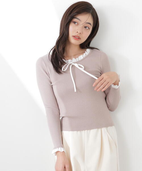 PROPORTION BODY DRESSING(プロポーションボディドレッシング)の「リボン付きフリルニットトップス / 1216170311(ニット/セーター・レディース・ホワイト系その他/ピンク/グレー系その他・FREE)」の3枚目の写真