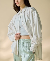 【STUDIOUS/ステュディオス】Wide Stripe 2way Shirt/ワイドストライプツーウェイシャツ/くびれ効果/春服/ウォッシャブル/スタンドカラー対応