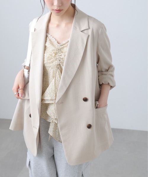 FREE'S MART（フリーズマート）の「◆麻調合繊シリーズ 麻調合繊ダブルブレストジャケット（テーラードジャケット・レディース・ネイビー/グレー系その他/ホワイト/ブラウン系その他・MEDIUM/SMALL）」の2枚目の写真