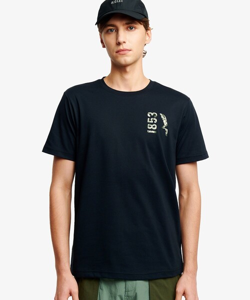 AIGLE(エーグル)の「吸水速乾 UVカットプリントロゴ 半袖Tシャツ(Tシャツ/カットソー・メンズ・モスグリーン/オレンジ/ホワイト/ブラック・XL/L/M/S)」の1枚目の写真
