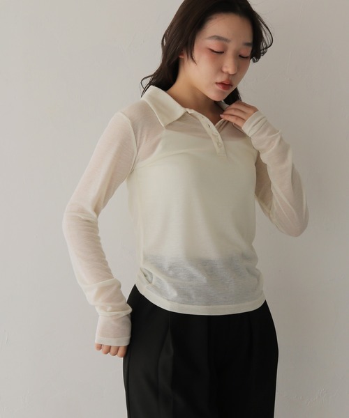 cheriella(シェリエラ)の「【cheriella】シアーポロトップス SHEER POLO TOP(Tシャツ/カットソー・レディース・アイボリー/ブラック・FREE)」の5枚目の写真