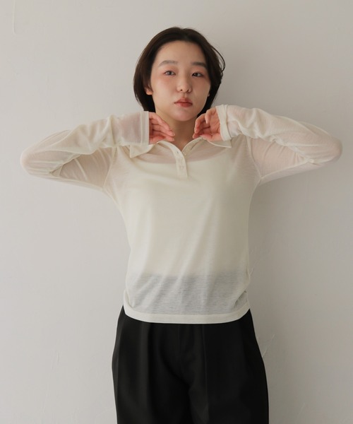 cheriella(シェリエラ)の「【cheriella】シアーポロトップス SHEER POLO TOP(Tシャツ/カットソー・レディース・アイボリー/ブラック・FREE)」の4枚目の写真
