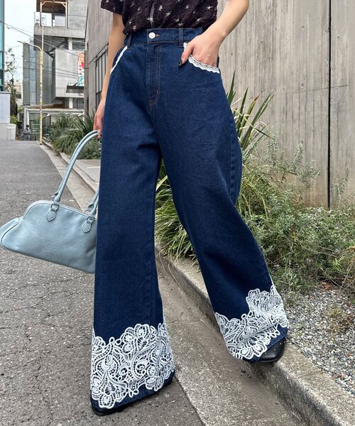 裾レースワイドストレートデニムパンツ（デニムパンツ）｜CIAOPANIC