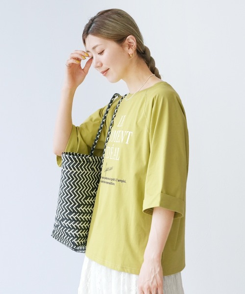 reca（レカ）の「【接触冷感】刺繍&プリント配色ロゴラグランTシャツ（Tシャツ/カットソー・レディース・グレイッシュベージュ/グリーン系その他/オフホワイト・FREE）」の16枚目の写真