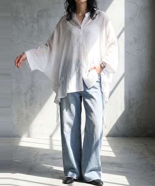 antiqua（アンティカ）の「ガーゼ生地 シアー ドルマンシャツ（シャツ/ブラウス・レディース・ブルー/ホワイト/ブラック・ONESIZE）」の4枚目の写真