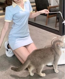 バイカラー襟付き半袖ミニワンピース