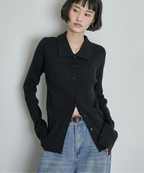 THE YOn(ザヨン)の「リブニットポロカーディガン(カーディガン/ボレロ・レディース・グレー/ブラック/プラム/クリーム・FREE)」の1枚目の写真