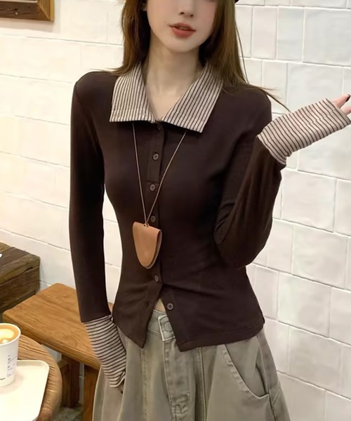 AsheKsha(アシクシャ)の「ボーダー襟付きフェイクレイヤードボタンスリムロングトップス(シャツ/ブラウス・レディース・ブラック/ブラウン・M)」の2枚目の写真