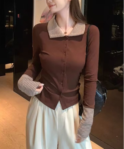 AsheKsha(アシクシャ)の「ボーダー襟付きフェイクレイヤードボタンスリムロングトップス(シャツ/ブラウス・レディース・ブラック/ブラウン・M)」の4枚目の写真