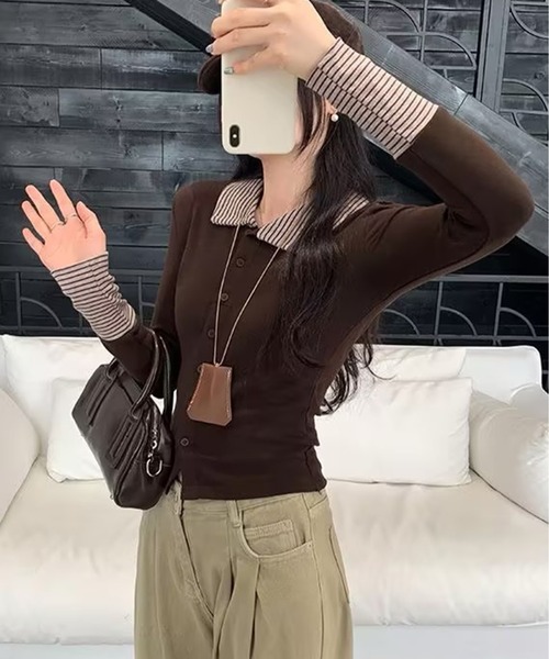 AsheKsha(アシクシャ)の「ボーダー襟付きフェイクレイヤードボタンスリムロングトップス(シャツ/ブラウス・レディース・ブラック/ブラウン・M)」の6枚目の写真
