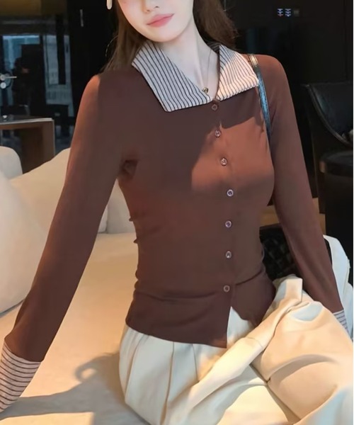 AsheKsha(アシクシャ)の「ボーダー襟付きフェイクレイヤードボタンスリムロングトップス(シャツ/ブラウス・レディース・ブラック/ブラウン・M)」の12枚目の写真