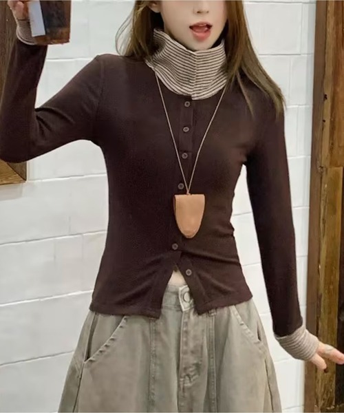 AsheKsha(アシクシャ)の「ボーダー襟付きフェイクレイヤードボタンスリムロングトップス(シャツ/ブラウス・レディース・ブラック/ブラウン・M)」の14枚目の写真