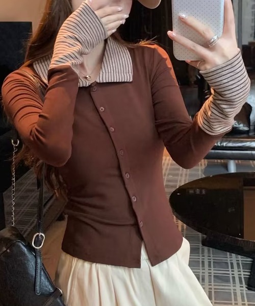 AsheKsha(アシクシャ)の「ボーダー襟付きフェイクレイヤードボタンスリムロングトップス(シャツ/ブラウス・レディース・ブラック/ブラウン・M)」の15枚目の写真